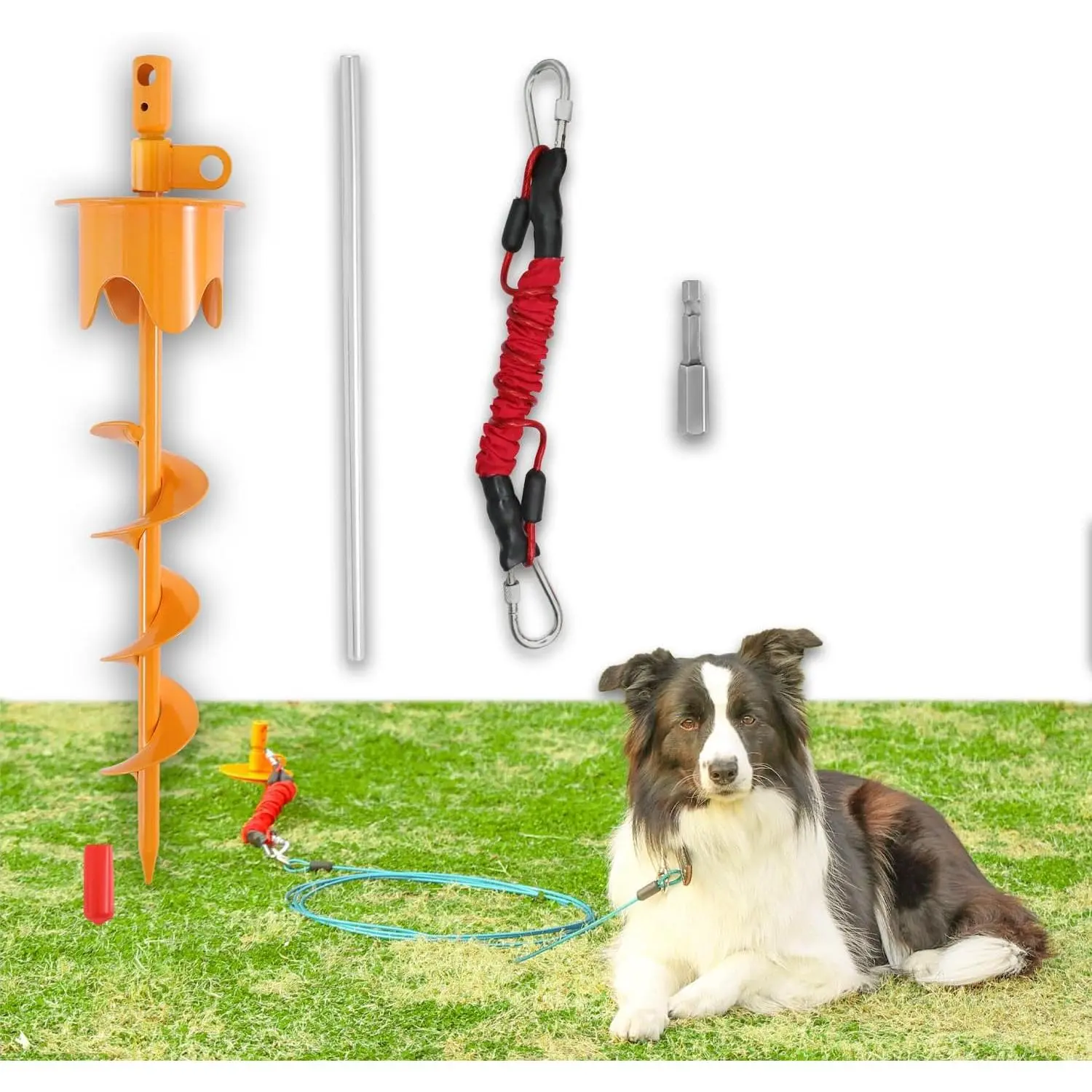 Dog Stakes for Outside Heavy Duty Hold up to 350Lbs Large Dogs Tie Out Tether Leash Chain for Yard Screw in Ground Anchors Set 17 inch with Buffer Rope