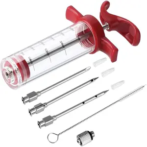 Meat Injector Syringe - 3 Marinade Injector Needles for BBQ Grill, Premium Portable Turkey Injector kit for Smoker,Marinades Injectors for Meats With 1oz Large Capacity 1 Brush Easy to Use & Clean Red