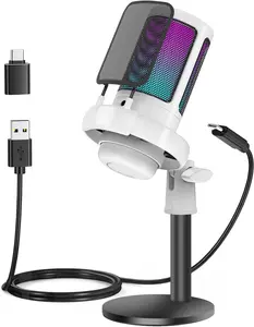 Gaming Microphone, USB PC Mic for Podcasts Videos, Streaming, Condenser Mic with Quick Mute, Tripod Stand, Pop Filter, RGB Indicator, Shock Mount, Rotate gain button, Compatible with PS4/5/PC.White