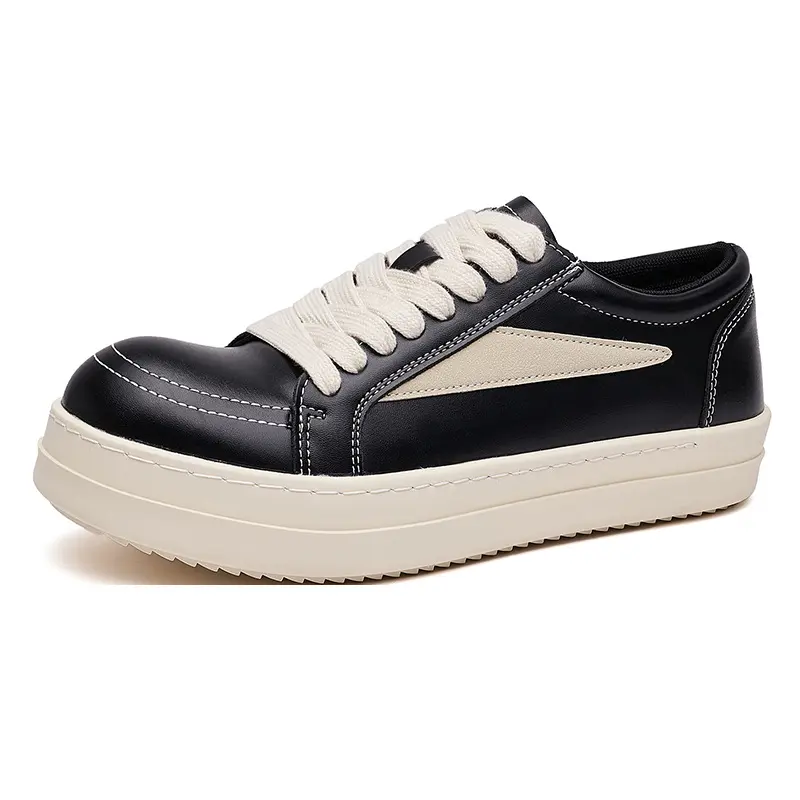 Brand GGOR Men's RO Genuine Leather Versatile Casual Thick-soled Lace-up Sneakers with Internal Height Increase, Comfortable Low-top Black Style