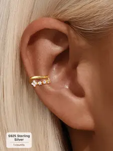 (Single Piece) Gold-Plated S925 Sterling Silver Four-Petal Flower Ear Cuff with Diamond Accents — Ideal for Daily Wear, Weddings, Parties, Engagements, Anniversaries, Valentine's Day, and Other Special Occasions.