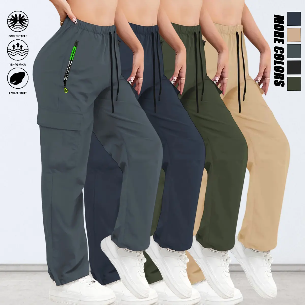 Set of 4 women’s outdoor cargo pants featuring multiple pockets, solid color design, drawstring elastic waistband; suitable for outdoor sports and casual wear; women’s bottoms for all seasons.summer vibes