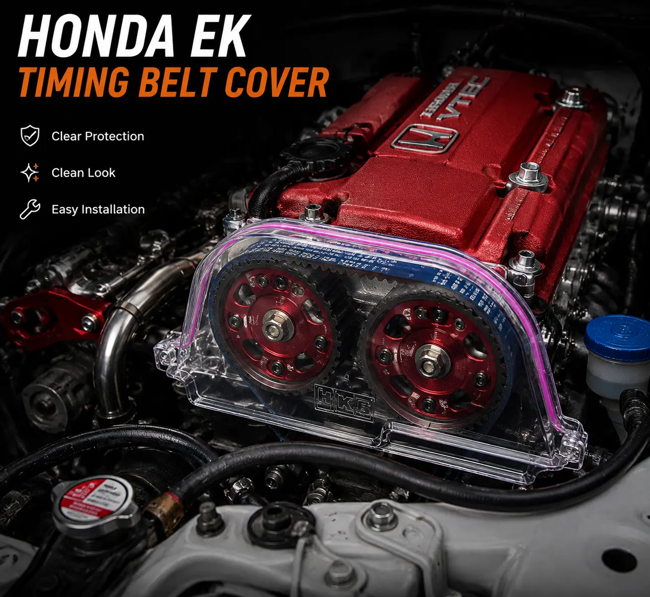 Clear Timing Belt Cover for Honda EK Engine | Transparent Engine Gear Protection Guard Kit | Lightweight Acrylic Racing Style Engine Dress-Up Cover | JDM Engine Bay Upgrade Accessories #HondaEK #JDM #EngineBay #CarMods #TimingBeltCover