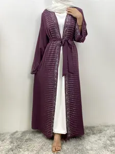 Women's Rhinestones Decor Open Front Belted Abaya without Hijab, Modest Casual Long Sleeve Abaya for Daily Wear, Ladies Islamic Clothing for All Seasons, Modest Muslim Outfits