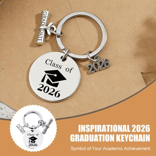 2026 Graduation Keychain – Stainless Steel Class of 2026 Keychain, Customizable Metal Keychain with Graduation Cap & Scroll, Graduation Gift for Students