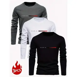 3-Pack Men'S Casual Crew Neck Long Sleeve T-Shirts - Knit Polyester 95%, Elastane 5% - Slight Stretch, Basic Style with Random Print Design