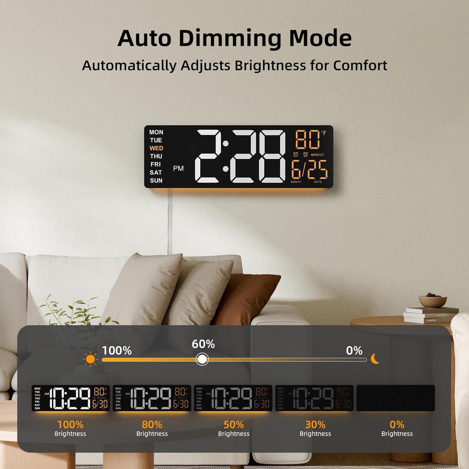 16.5" Large Digital Wall Clock with Anti-Glare Display, RGB Lights with 10 Scenes Mode Remote Control, Adjustable Brightness, Dual Alarms, Auto DST, BT Sync, Temperature for Living Room