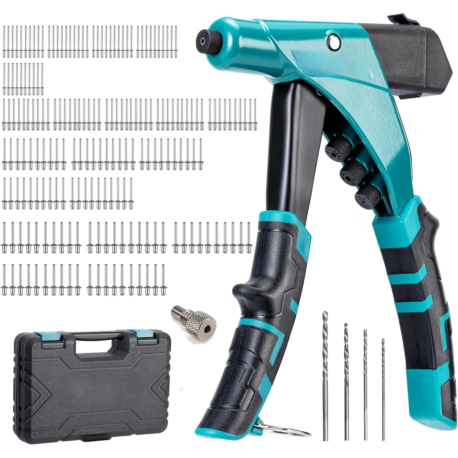 Professional Heavy Duty Rivet , One-Handed Pop Rivet  Set, Robust Riveter with Shaft Container, Manual Riveting Tool, Tool-Free Interchangeable Heads, for Metal,  and Plastic