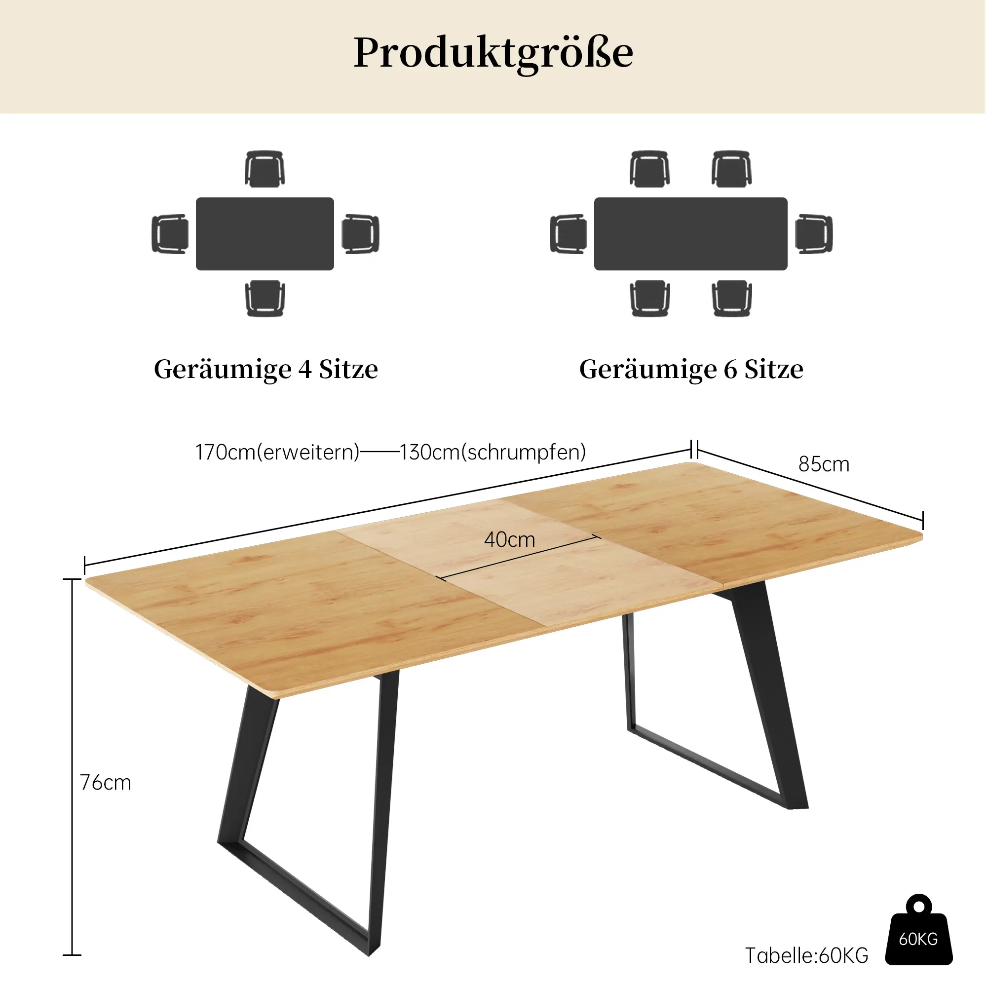 HIPIHOM Modern Extendable Dining Table Set for 6 - Dual-Use Wood Table Metal Frame & 6pcs Ergonomic PU Leather Chairs, Kitchen & Dining Room Furniture, Ideal for Small Spaces (Natural Wood Grain + Retro Brown, 1 Table + 6 Chairs)（B)