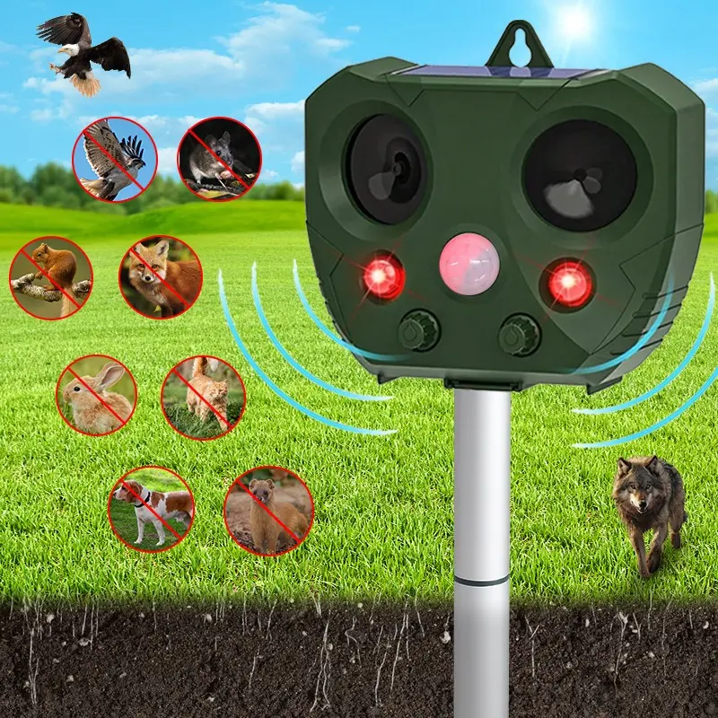 Solar-powered ultrasonic animal repellent with USB charging, flashing ...