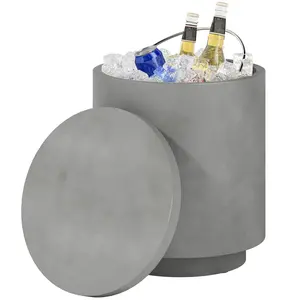 2.6 Gal Gray Outdoor Side Table - 3-In-1 Concrete Cooler Bar Table with Removable Ice Bucket, Lid, Storage, Weather-Resistant Patio Furniture for Pool Parties, Backyard BBQs