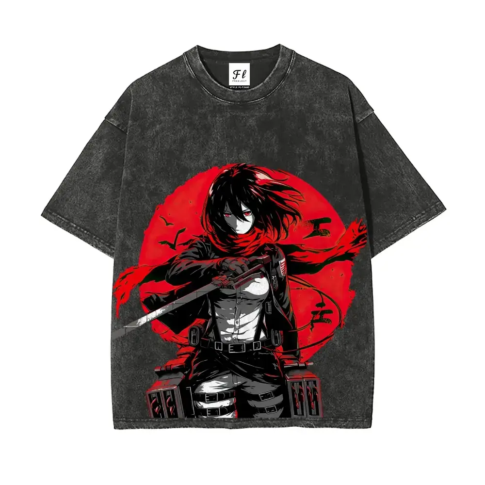 Men's Classic Vintage Attack on Titan Graphic Round Neck Short-Sleeved Soft Cotton T-Shirt, Casual Acid Wash Red Oversized Loose-Fitting Streetwear Top