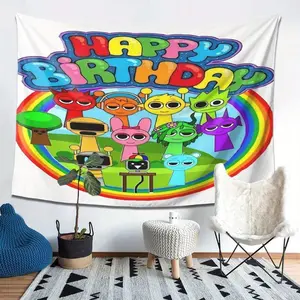 Sprunki Birthday Party Tapestry - Vibrant Cartoon-Style Wall Hanging with "Happy Birthday" Text, Perfect for Indoor & Outdoor Decor, Living Room, Bedroom, Office - High-Quality Polyester, No Power Needed, Birthday Party Decorations 60X40