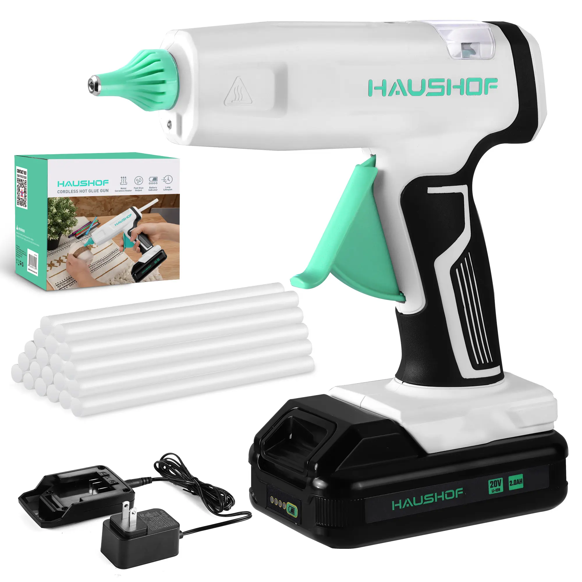 #summersale HAUSHOF Cordless Hot Glue Gun, 20V Glue Gun with 20 PCS Full Size Sticks, Drip-Free Fast Preheating Glue Gun Kit for DIY & Crafts, Repair and Construction, Rechargeable Battery and Charger Included