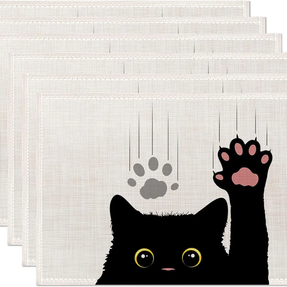 2D flat printing, 2/4/6/8 black cat placemats, cute and fun cat table mat set, washable and reusable linen placemats for holiday party kitchen table decoration