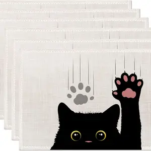 2D flat printing, 2/4/6/8 black cat placemats, cute and fun cat table mat set, washable and reusable linen placemats for holiday party kitchen table decoration