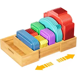 Kiasthome Expandable Bamboo Lid Organizers Inside Cabinet, Kitchen Cabinet Organizers with 3 Adjustable Dividers, Storage Plastic Lids, Food Container Lid Holder Organizer for Drawer Pantry, Nature
