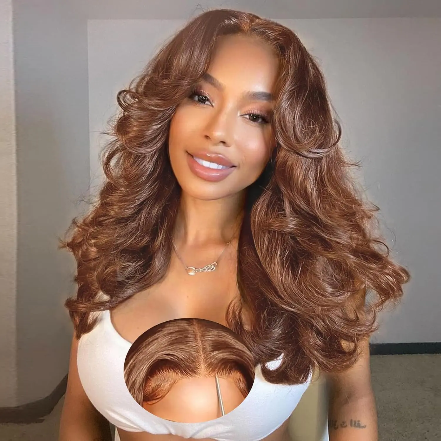 250 Density Curtain Bangs Light Brown Face-Framing 9x6 Glueless Wigs Human Hair Pre Plucked Pre Cut Lace Closure Wigs Ready to Go Loose Body Wave Lace Front Wigs For Black Women