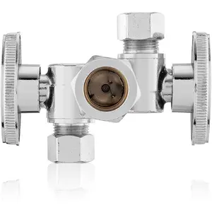 1-PC  Dual Shut Off Angle Valve, 1/2" Nominal (5/8"OD) x 3/8" OD x 3/8" OD Compression, 1/4-Turn Stop Valve with 2 Shut Offs, PEX Chrome Plated Brass(VALVE134)