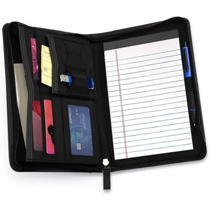PU Leather A5 Portfolio Binder for Men, 9.5'' H x 6.5'' W Compact Office Desk Organizer, Synthetic Zip Closure, 5x8 Writing Pad, 6 Business Card Slots, Interior Storage Pocket, Document Sleeve, Elastic Pencil Holder, Fits A5/Letter Paper, Envelopes, Black