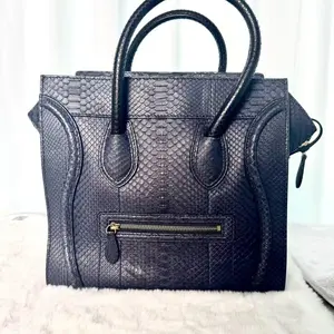 Pre-owned Celine Navy Blue Python Mini Luggage Tote|20335304
