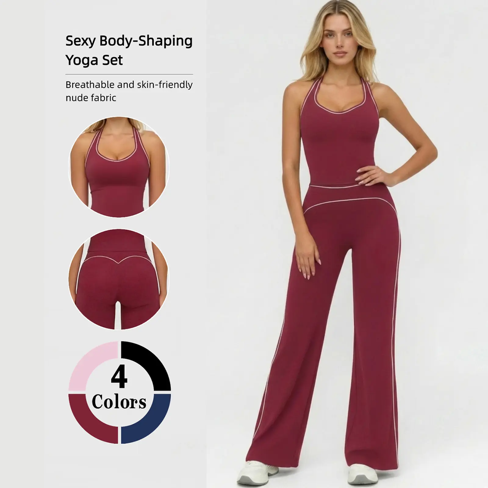 Women's 2-Piece Sports Outfit - Female Casual Gym Sportswear Set with H-Shaped Back Design, Flared Pants for Gym, Daily Wear