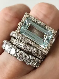 Fashion Elegant Three-Piece Set Square Sparkling Synthetic Zircon Ring, Unisex Jewelry Gift for Parties and Engagements