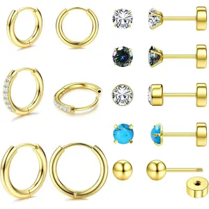 YADOCA 8 Pairs Hypoallergenic Studs Hoops Earrings for Women Men Hypoallergenic Silver/Gold Surgical Steel Flat Back Earrings Zirconia Sleeper Helix Tragus Cartilage Earrings Set Ear Piercing