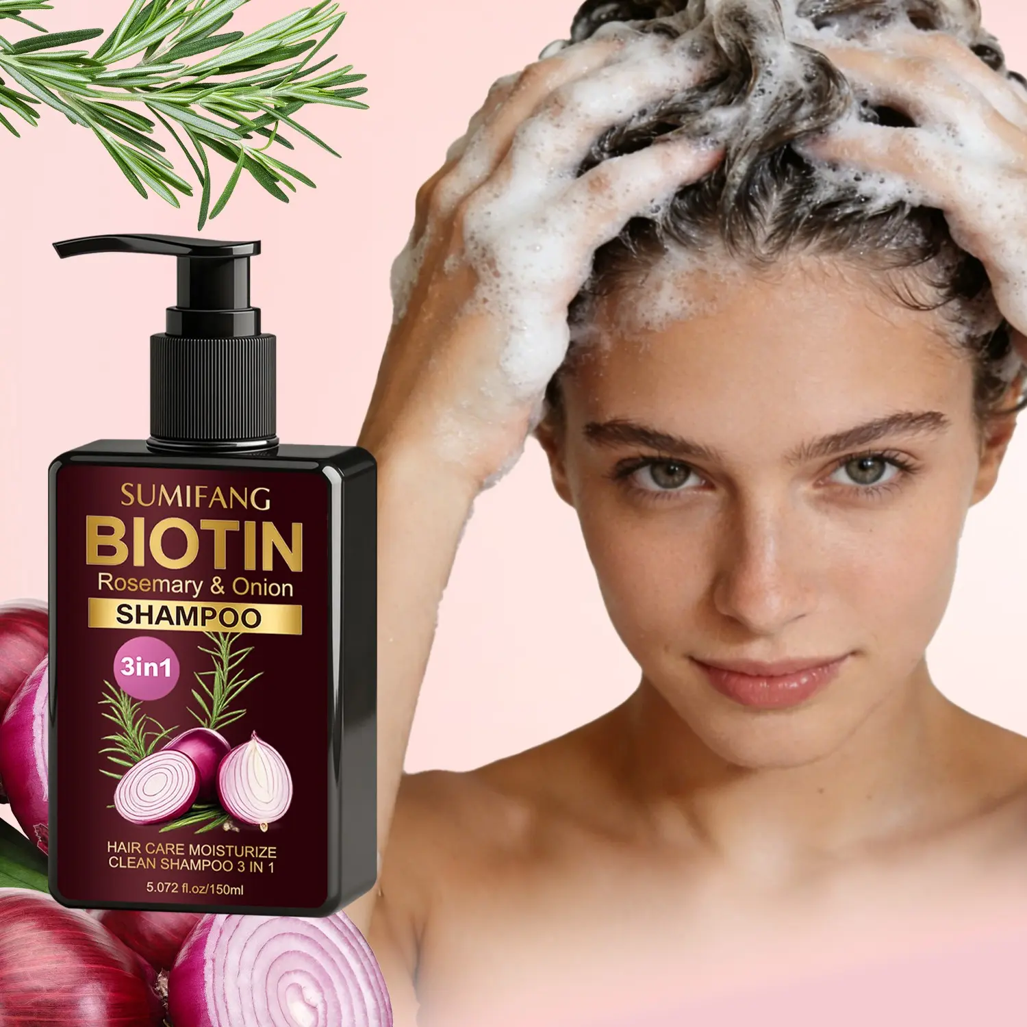 SUMIFANG Biotin Rosemary Onion 3-in-1 Shampoo, Treatment Shampoo 150ml, Cleanses, moisturizes, and strengthens, keratin reduce breakage, while rosemary and onion promote healthy hair roots, Controls oil and leaves hair smooth, suitable for damaged