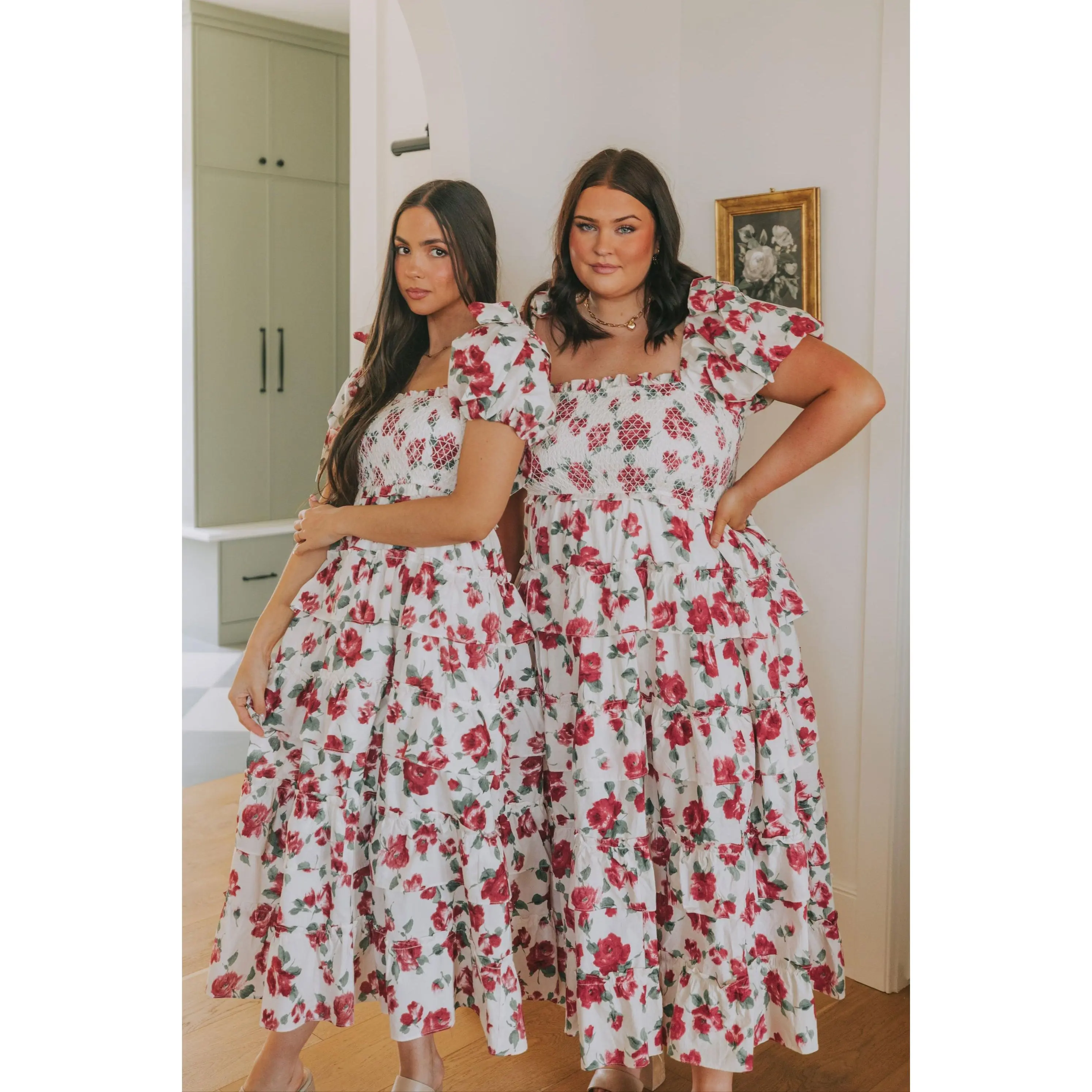 Women's Exclusive Casual Berry Print Midi Dress - Square Neck, Smocked Elastic Design, Tiered Sleeve & Skirt, Inclusive Plus Sizing, Comfortable Fit