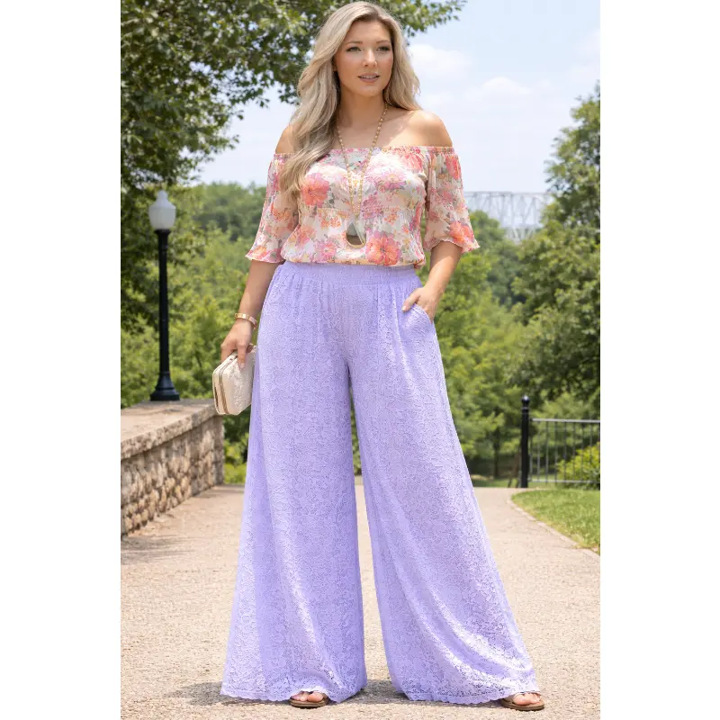 L&B Wide Floral Lace Plus Palazzo Pants - Lavender Lilac