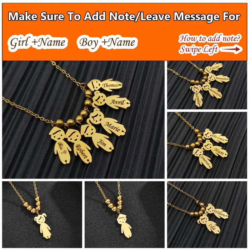 (Add Note or Leave message For Names) Customized Engraved Writing Boys and Girls Children's Pendants Stainless Steel Necklace Family Necklace for Birthday Anniversary Friends HZ-2021