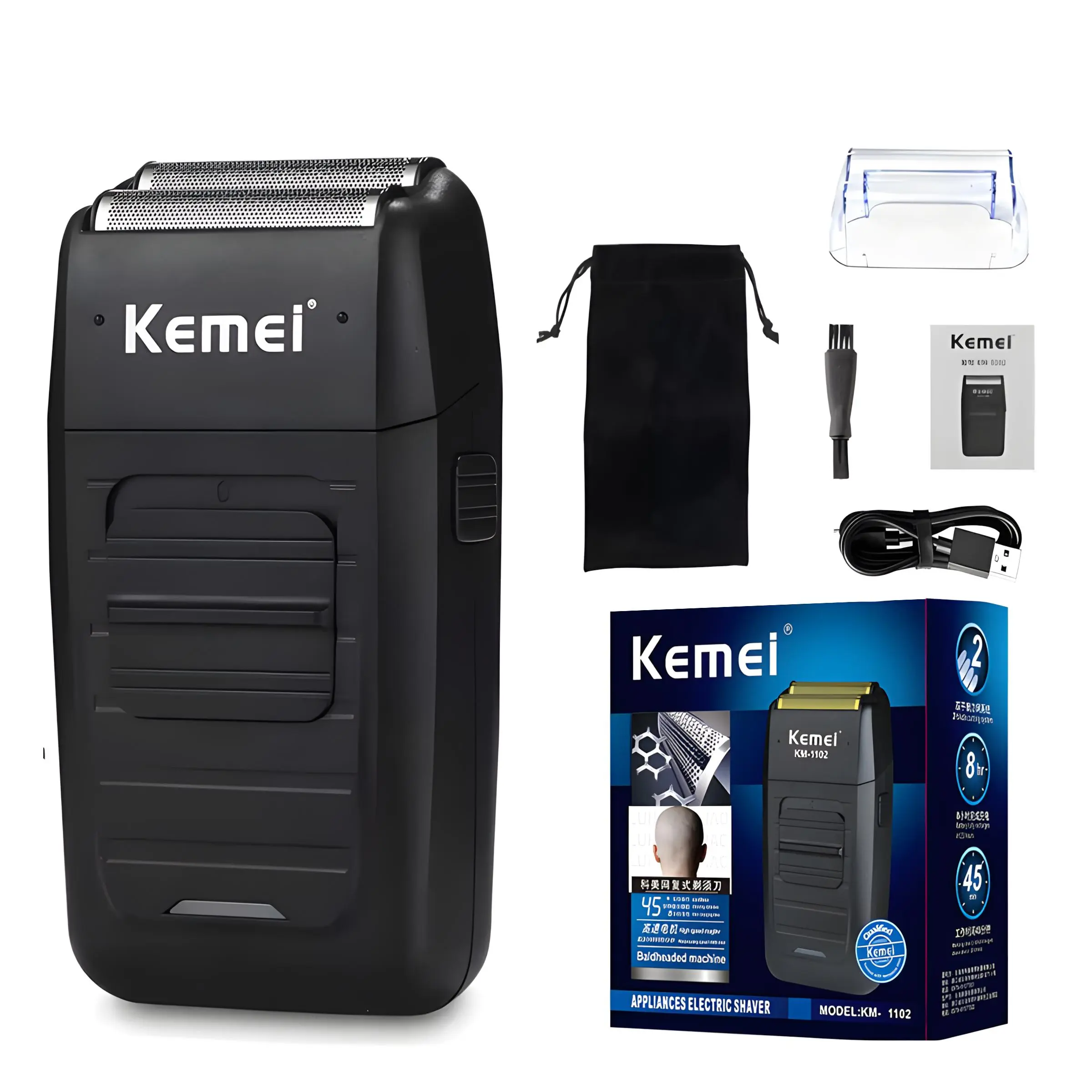 Kemei 1102 Electric Shaver, 1 Box USB Rechargeable Wet & Dry Use Electric Razor, Portable Electric Shaver for Men, Bald Head Shaver, Men's Grooming Tool, Cordless Waterproof Shaver