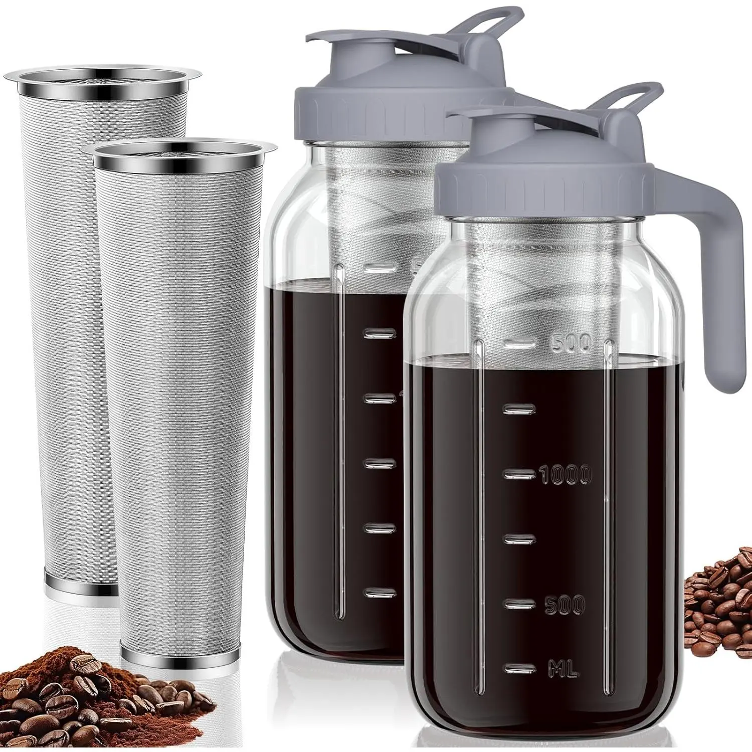 Cold Brew Coffee Maker Jar - 64oz Thick Glass Multipurpose Mason Pitcher Spout Lid with Handle & Stainless Steel Filter for Iced Coffee, Lemonade, Ice , Homemade Fruit Drinks Container(2Pack)