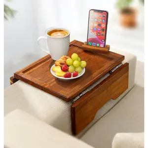 Arm Table Tray with Phone & Tablet Holder – Acacia | Premium Clip-On Sofa Arm Tray for Snacks, Drinks, Remotes, and More – Perfect Sofa Side Table for Living Room Comfort
