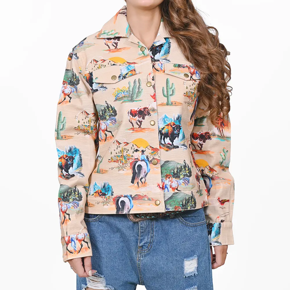 American Darling Cotton Lycra Western Stretch Jacket – Desert Wildlife Bison & Longhorn Print