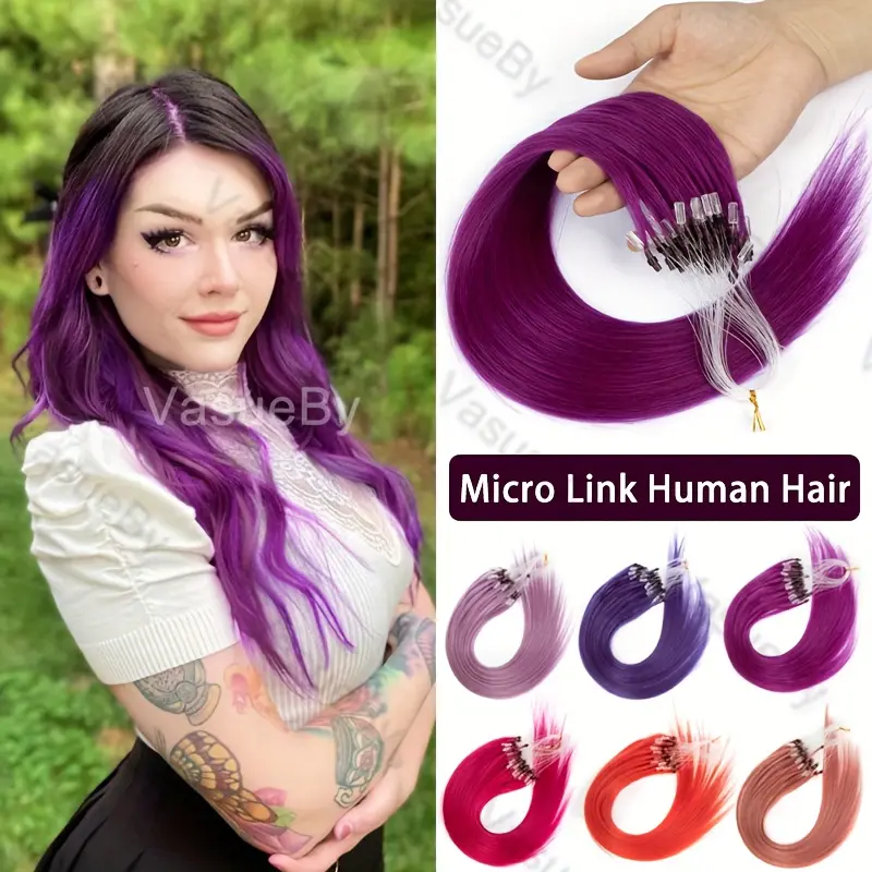 Women's 50 Strands Rainbow Remy Human Hair Extensions - Straight Pre-Looped Cold Fusion Micro Link Beads, Long, for Parties & Everyday Wear, Straight Hair, Rainbow Hues