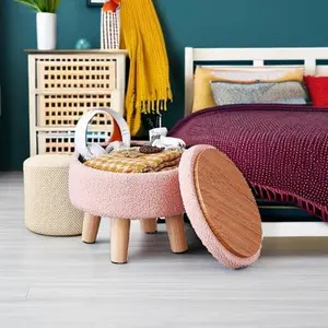 Ottoman Stool with Soft Teddy Velvet,Hidden Storage + Solid Wood Legs,Multi-Use Footstool,Seat for Small Spaces,HomeDecor,StorageHacks