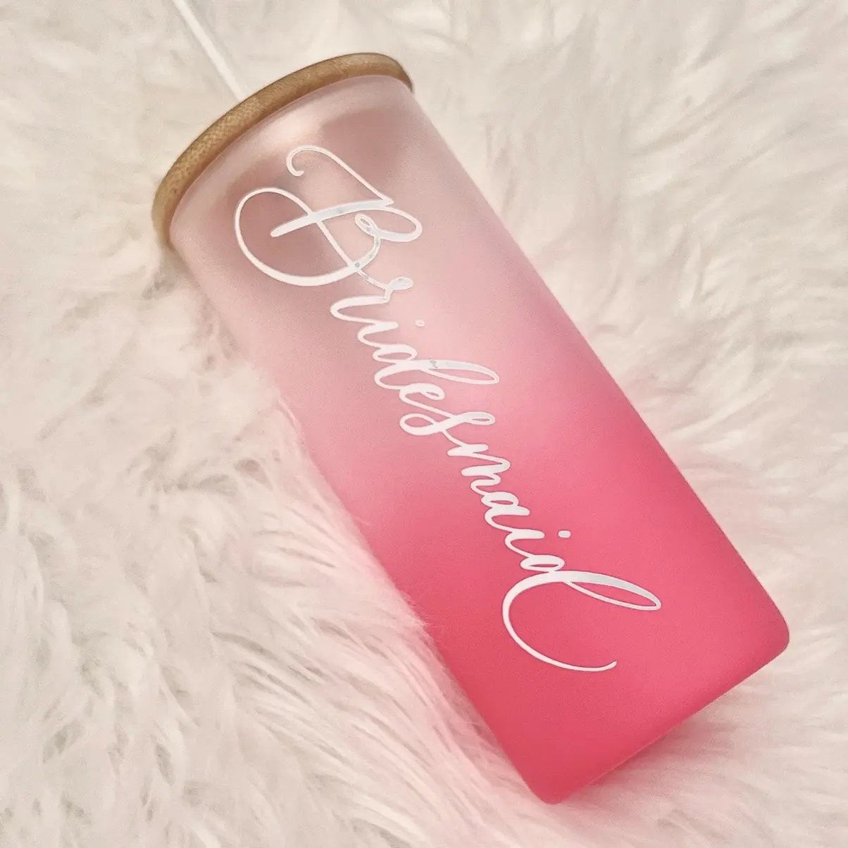 Sublimation Frosted Glass Tumbler (18 Oz, Pink ombré tumbler glass cup with straw, Personalized Tumbler Name, Bridesmaid Gift, Proposal, Iced Coffee cup, Glass Jar bamboo lid, Coffee Lover, Personalized Glass, Custom Name Drinkware Bottles Mug