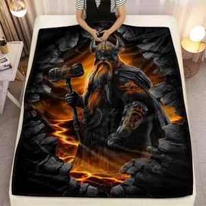 1pc Viking in Fiery Cave HD Printed Flannel Blanket - Heavyweight Norse Mythology Design with Viking Warrior & Mjolnir Hammer, Soft Warm All-Season Throw for Camping, Sofa, Bed  An essential blanket for both home and outdoor use.