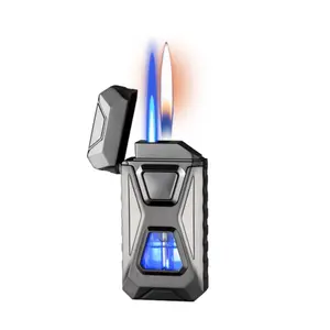 (Gas no included)Dual Flame Lighter, switchable Flame, Transparent Visible air Chamber, Suitable for Barbecue, Candle, Outdoor, Men's Gift