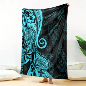 Polyester, All-Season Lightweight Throw Blanket With Vibrant Polynesian-Inspired Floral & Geometric Pattern In Turquoise & Black - Perfect For Sofa, Bed, Office, Camping, Travel - Machine Washable, 250-300Gsm, Camping Accessory |   Modern Home Decor |   D