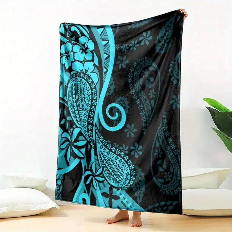 Polyester All-Season Lightweight Throw Blanket - Turquoise & Black Vibrant Polynesian-Inspired Floral & Geometric Pattern, Machine Wash, 250-300Gsm - Ideal for Sofa, Camping - Modern Home Decor, Camping Accessory