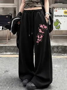 Cherry Blossom Print Sweatpants, Traditional Wide Leg Pants, Loose Drawstring Casual Pants, Street Style, Versatile Bottoms, Spring Essential