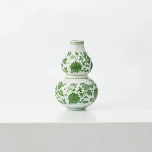 Green & White Floral Painted Chinoiserie Ceramic Bulb Flower Budvase