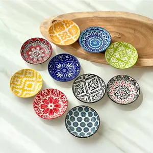 Round Ceramic Sauce Dish, 1/6/10 Counts Colorful Geometric Pattern Sauce Bowl, Serving Bowls, Dipping Dish, Seasoning Dish, Kitchen Accessories, Dinnerware Sets
