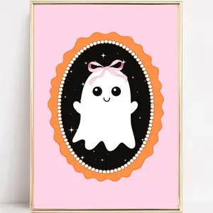 Cute Ghost Art Print Pink Bow Ghost Printable Pink Halloween Wall Art Girly Coqutte Art Kids Halloween Prints Preppy Girls Room Aesthetic