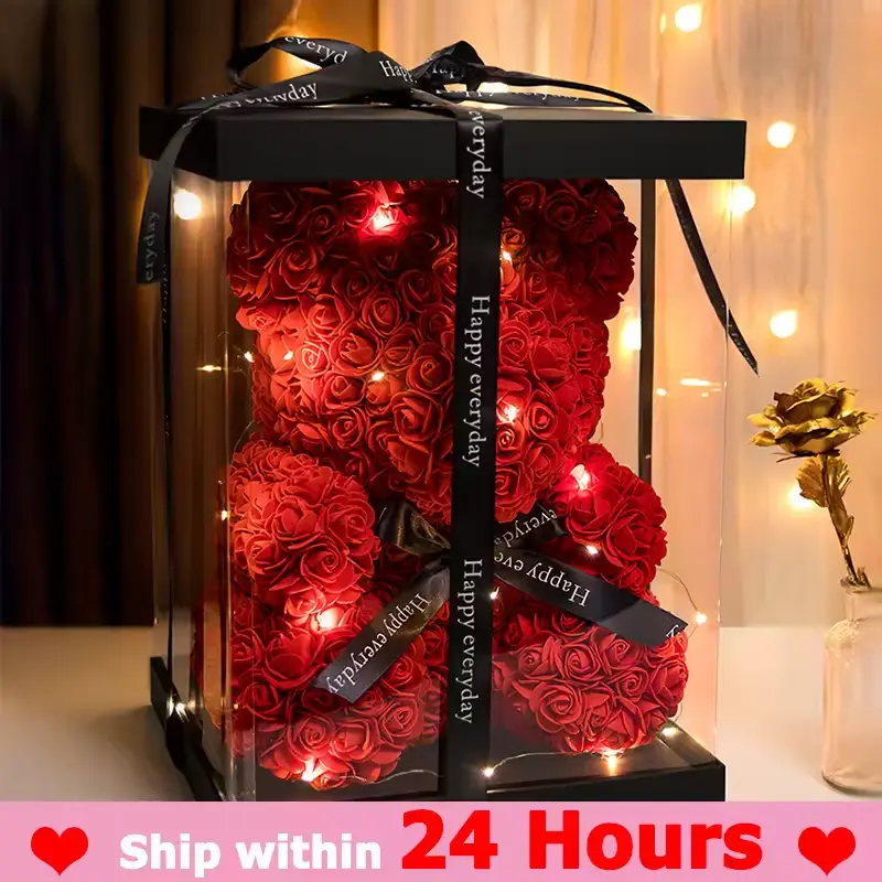 Wedding Rose Teddy Bear with LED Light in Clear Gift Box for Women Valentines Girlfriend Birthday Gifts Romantic Souvenir