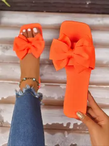 Women's Fashion Square Toe Bow Flat Sandals, Classy Elevated Sandals, Elegant Youth Style, French Romantic Design, Perfect for Party Beach Date Casual Wear, Footwear