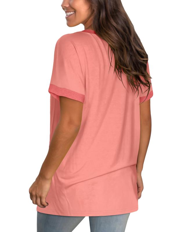 OFEEFAN Womens T Shirts Short Sleeve V Neck Loose Casual Summer Tops with Pocket Womenswear Vneck